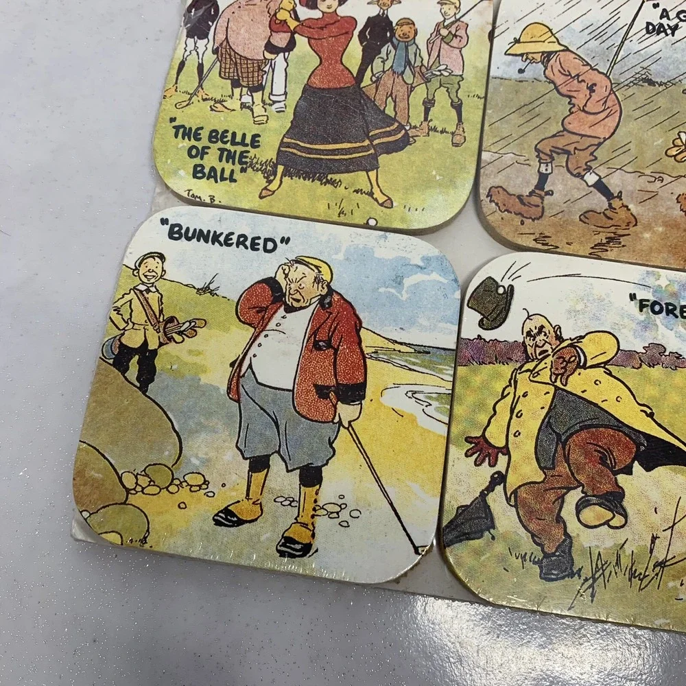Cartoon Golfing Coasters‎ Tom Browne  Set of 6 Edwardian Scene Novelty  Gift